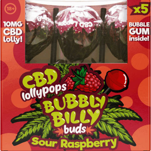 Bubbly Billy Buds 10 mg CBD savanykás málnás nyalókák rágógumival belül – ajándékdoboz (5 nyalóka)
