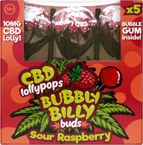 Bubbly Billy Buds 10 mg CBD savanykás málnás nyalókák rágógumival belül – ajándékdoboz (5 nyalóka)