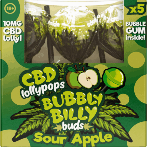 Bubbly Billy Buds 10 mg CBD savanyú almás nyalókák rágógumival belül – ajándékdoboz (5 nyalóka)