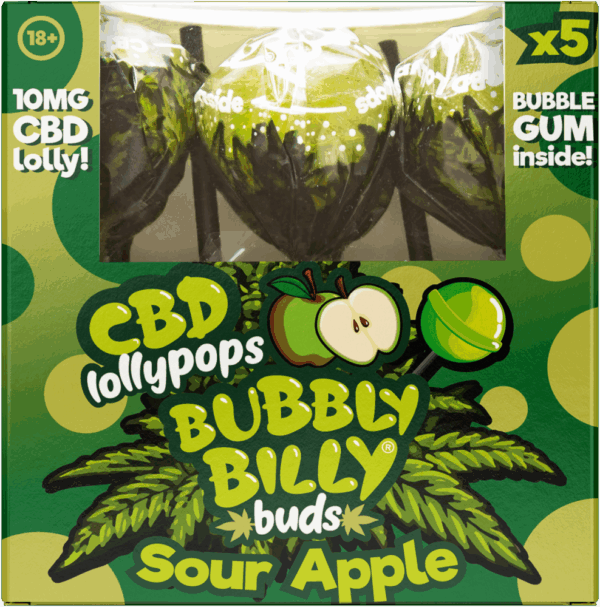 Bubbly Billy Buds 10 mg CBD savanyú almás nyalókák rágógumival belül – ajándékdoboz (5 nyalóka)