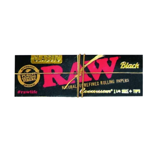 RAW Black Connoisseur 1¼ gördülőpapír + hegyek - természetes finomítatlan gördülőpapír