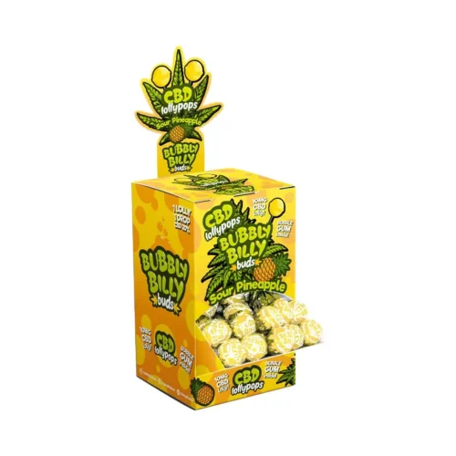 Bubbly Billy Buds 10 mg CBD savanyú ananász nyalókák – Kijelző tartály (100 nyalóka)