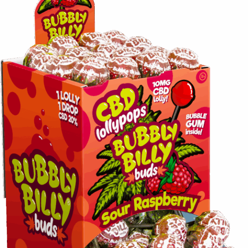 Bubbly Billy Buds 10 mg CBD savanyú málna nyalókák rágógumi belsővel – Kijelző tartály (100 nyalóka)