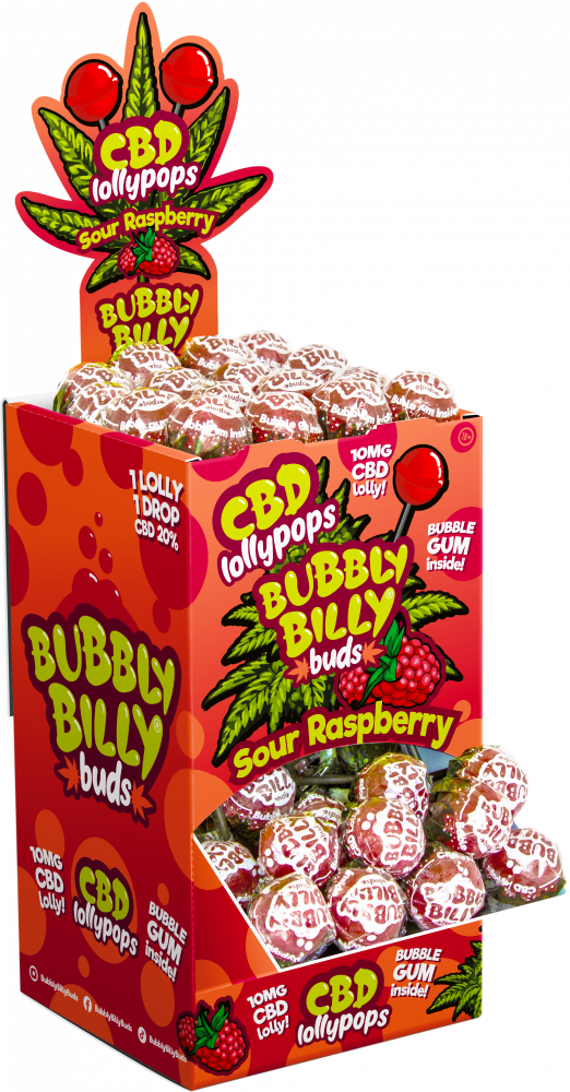 Bubbly Billy Buds 10 mg CBD savanyú málna nyalókák rágógumi belsővel – Kijelző tartály (100 nyalóka)