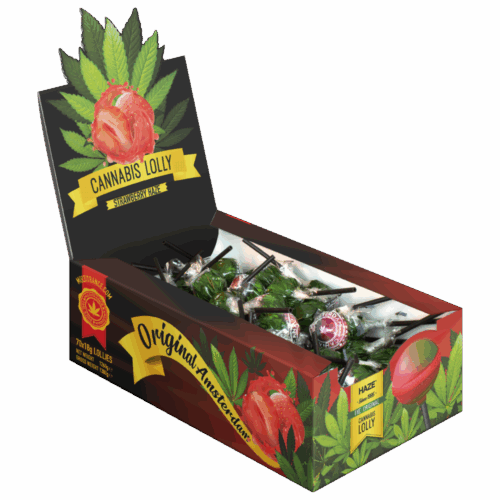 Cannabis Strawberry Haze Lollies – Kijelző kartondoboz (70 nyalóka)