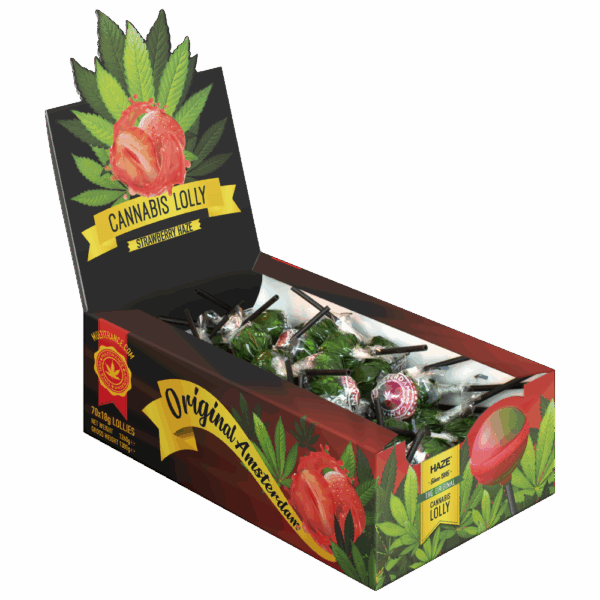 Cannabis Strawberry Haze Lollies – Kijelző kartondoboz (70 nyalóka)