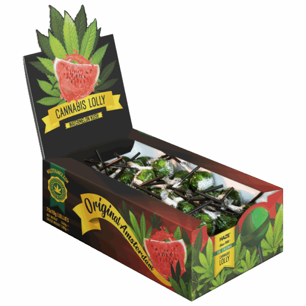 Cannabis Watermelon Kush nyalókák – Kijelző kartondoboz (70 nyalóka)