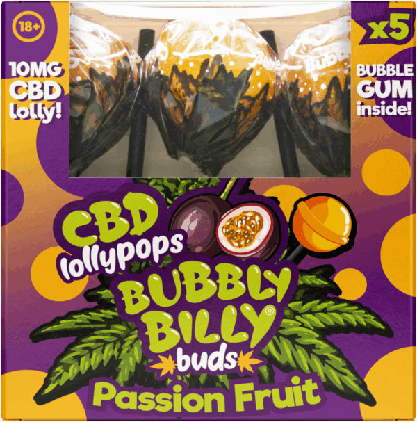 Bubbly Billy Buds 10 mg CBD maracujás nyalókák rágógumival belül – ajándékdoboz (5 nyalóka)
