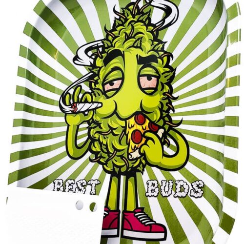Best Buds Éhes pizza kis fém gördülő tálca mágneses daráló kártyával