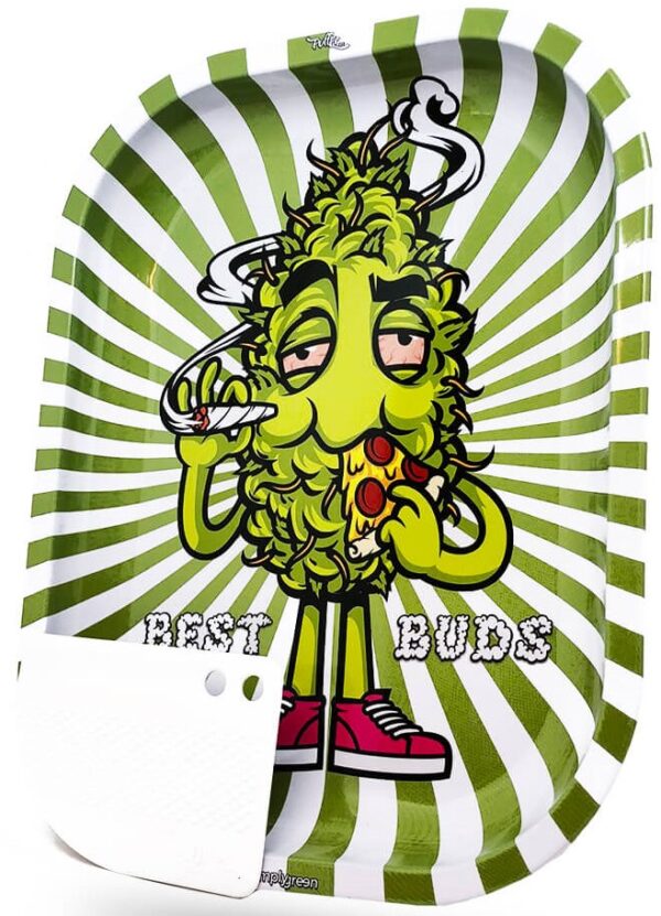 Best Buds Éhes pizza kis fém gördülő tálca mágneses daráló kártyával