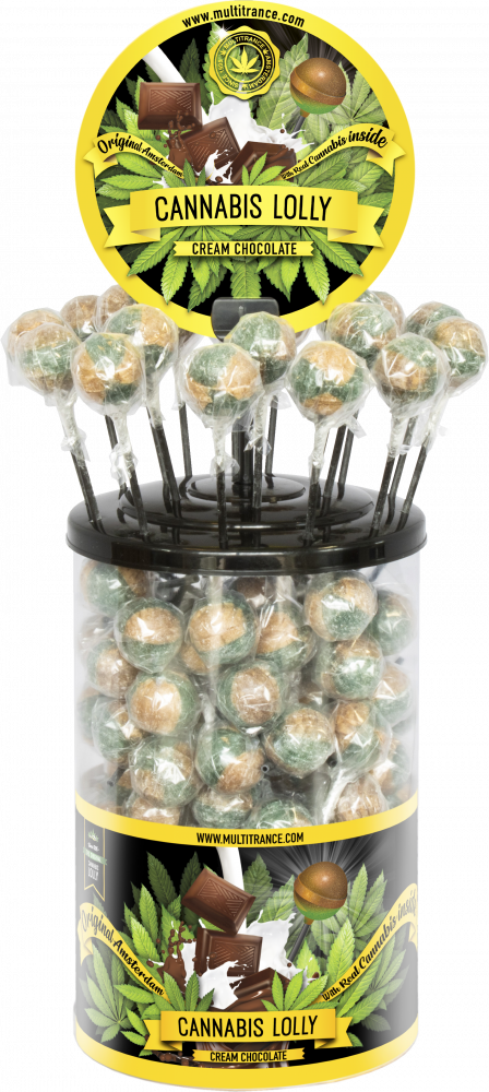 Cannabis krémes csokoládé nyalókák – vitrines konténer (100 nyalóka)