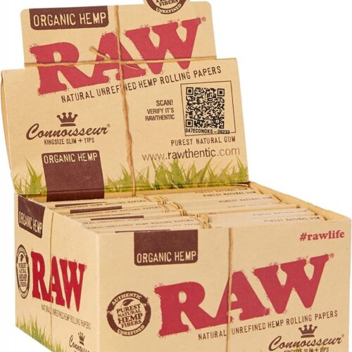 RAW Organikus kender CONNOISSEUR KingSize Slim finomítatlan tekercspapírok + TIPPEK - Doboz
