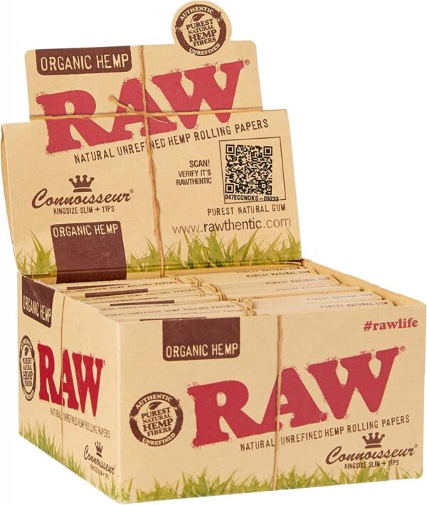 RAW Organikus kender CONNOISSEUR KingSize Slim finomítatlan tekercspapírok + TIPPEK - Doboz
